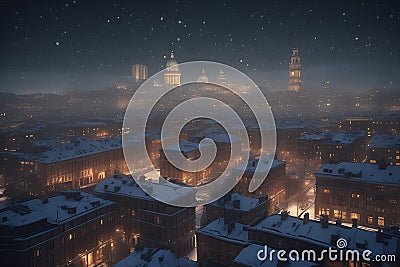 Abstract winter city. Night lights of roofs and spiers Stock Photo