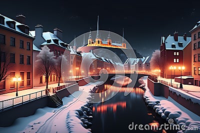 Abstract winter city. Night lights of roofs and spiers Stock Photo