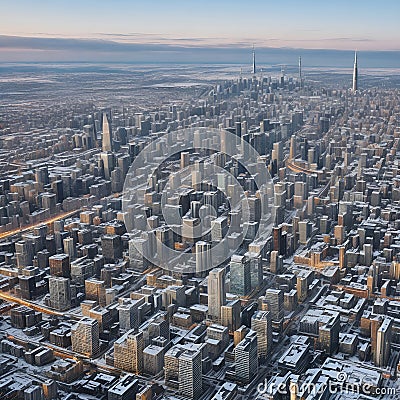 Abstract winter city. Snow-covered roofs and spiers Stock Photo