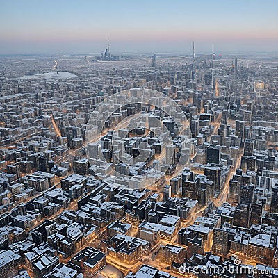 Abstract winter city. Snow-covered roofs and spiers Stock Photo