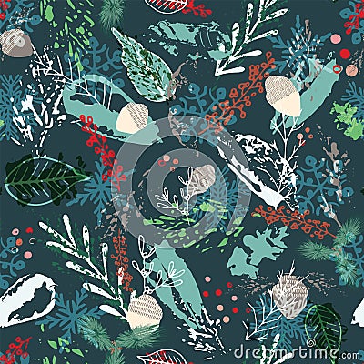 Abstract winter foliage seamless background. Painterly dark floral pattern design. Vector Stock Photo