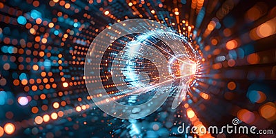 Abstract wire cable tunnel with digital binary data showcasing technology and machine learning in a Stock Photo