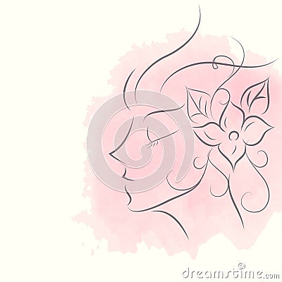 Abstract woman face with floral flowers, girl in profile view with pink watercolor background , Vector illustration drawing Vector Illustration