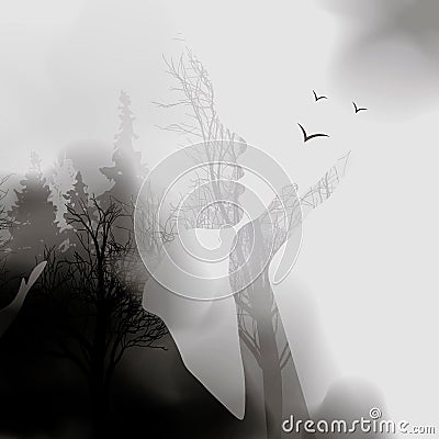 Abstract Woman face silhouette. ink effect Forest background.Vector double exposure illustration.Woman face and beautiful nature Cartoon Illustration