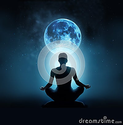 Abstract woman are meditating at blue full moon with star in dark night sky Stock Photo