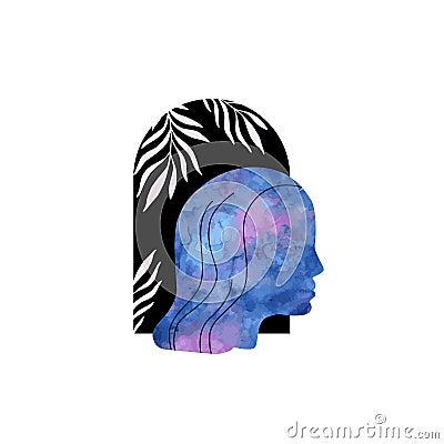 Abstract woman profile portrait with watercolor texture. Inner peace, Mind concept Vector Illustration