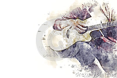 Abstract women playing acoustic guitar on walking street on watercolor illustration painting background. Cartoon Illustration