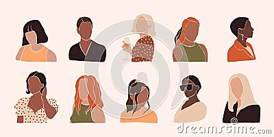 Abstract women portraits. Minimalist girl heads different hairstyles contemporary female avatars. Vector isolated set Vector Illustration