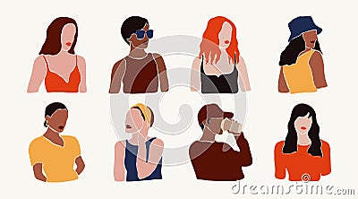 Abstract women portraits set. Minimalist ladies heads different hairstyles contemporary female avatars. Hand drawn Vector Illustration