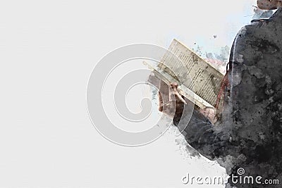 Abstract a women reading book watercolor painting. Cartoon Illustration