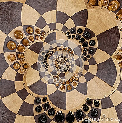 Abstract wooden chess board desk white black figures square spiral surreal flower shape effect. Pattern effect Surreal chess board Stock Photo