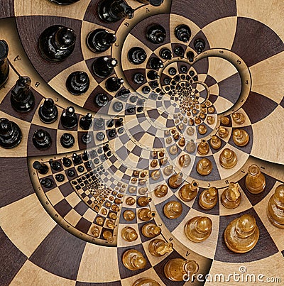 Abstract wooden chess desk white black figures round spiral square spiral effect Pattern effect Surreal chess board desk fractal b Stock Photo