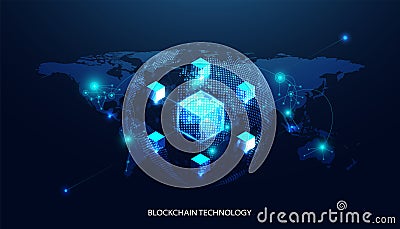 Abstract world blockchain technology cryptocurrency and fintech square cube crypto operations Connect block, data transmission, Vector Illustration