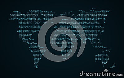 Abstract world map of binary code. Glowing map of the earth. Dark blue background. Blue lights. Sci-fi technology. Programming, bi Cartoon Illustration