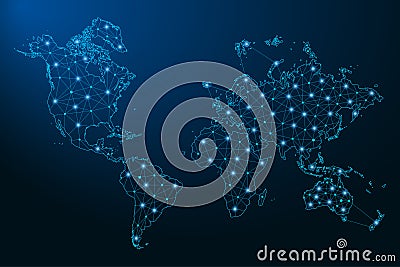 Abstract World map created from lines and bright points in the form of starry sky, polygonal wireframe mesh and connected lines. Vector Illustration