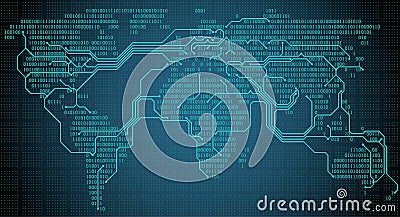 Abstract world map with digital binary continents, cities and connections in the form of a printed circuit board Vector Illustration