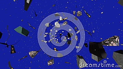 Abstract wreckage and stones soaring in space Cartoon Illustration