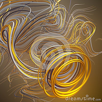 Interlacing abstract yellow colored curves. Computer generated geometric pattern. 3D rendering Stock Photo