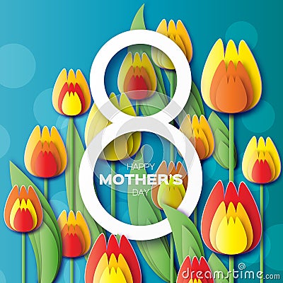 Abstract Yellow Floral Greeting card - Happy Mothers Day - 8 May- with Bunch of Spring Tulips. Vector Illustration