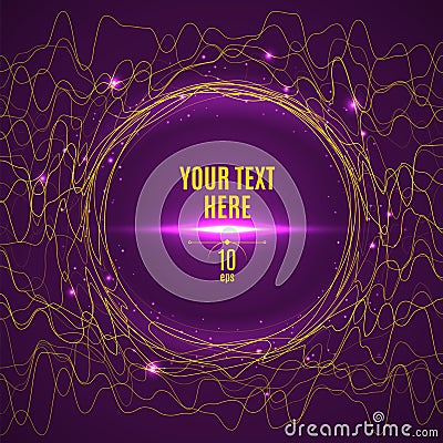 Abstract yellow glared wave lines on purple background. Vector Illustration