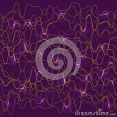 Abstract yellow glared wave lines on purple background Vector Illustration