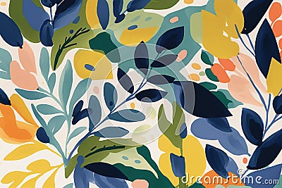 Abstract yellow green blue bloom floral pattern background. Modern bright blossom garden flowers and greenery. Generative AI Stock Photo