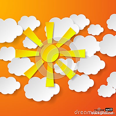 Abstract yellow paper sun and white paper clouds on orange background Vector Illustration