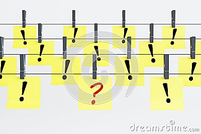 Abstract yellow papers with question and exclamation marks hanging on ropes. Solution and answer concept. Stock Photo