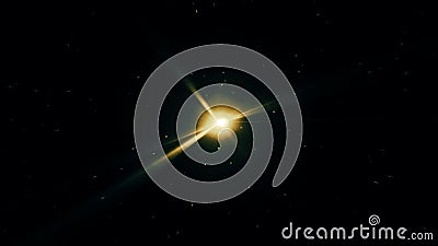 Abstract yellow star rays rotating intermittently with many small particles on black background, seamless loop. Bright Stock Photo