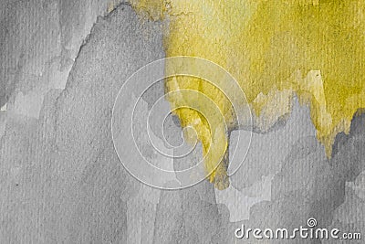 Abstract yellow watercolor on textured paper. Yellow and gray hand painted watercolor background. Stock Photo