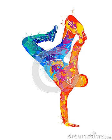 Abstract young man break dancing from splash of watercolors Vector Illustration