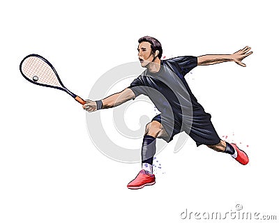Abstract young man does an exercise with a racket on her right hand in squash. Squash game training Vector Illustration