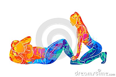 Abstract young plus-size woman does a press exercise with a trainer, improves the abdominal muscles. Fitness, weight Vector Illustration