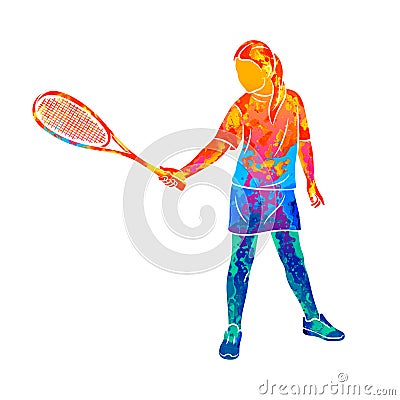 Abstract young woman does an exercise with a racket on her right hand in squash. Squash game training Vector Illustration