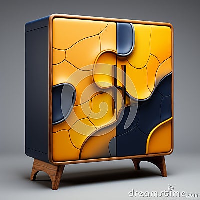 Abstract Zbrush Style Yellow And Blue Cupboard With Organic Contours Stock Photo