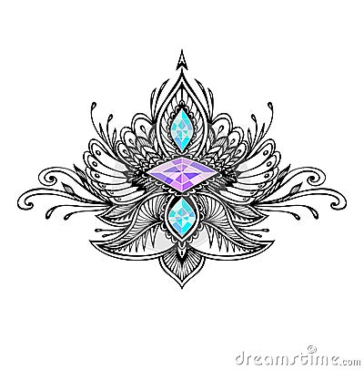 Abstract Zentangle symbol in Boho style with Gems for tattoo black on white Vector Illustration