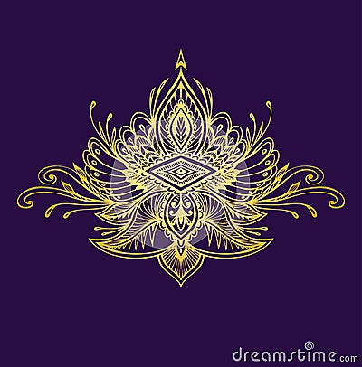 Abstract Zentangle Zendoodle symbol in Boho style gold on black Vector Illustration