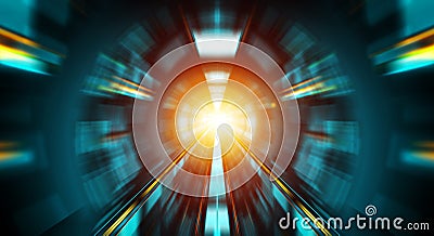 Abstract zoom effect in a blue dark tunnel background with traffic lights Stock Photo