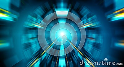 Abstract zoom effect in a blue dark tunnel background with traffic lights Stock Photo