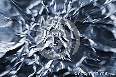 Abstract zoom tunnel crumpled silver aluminum foil closeup background texture, blue horizontal textured pattern Stock Photo