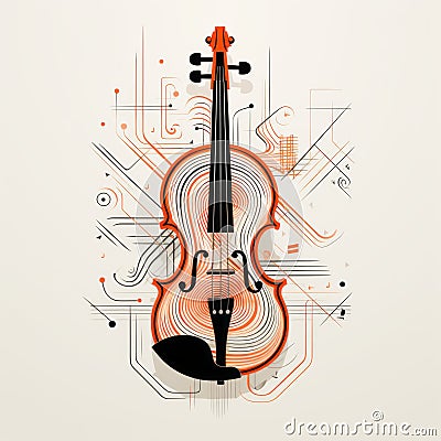 Abstracted Violin With Circuit Wiring: Detailed Art Deco Illustration Cartoon Illustration