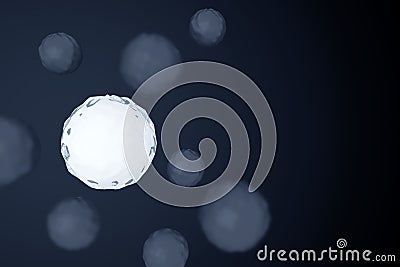 Abstraction chaotic spheres and one glowing sphere on a dark background. Flying particles or body cells in space. Depth of field e Stock Photo