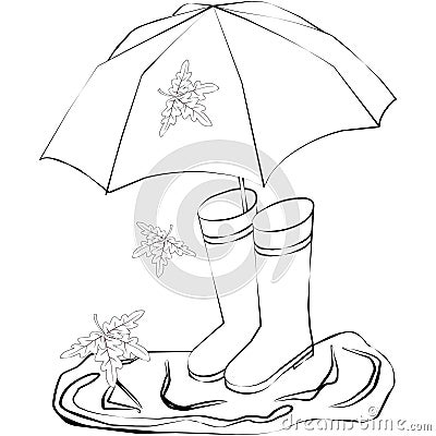 Drawing of rubber boots, umbrella, puddles Vector Illustration