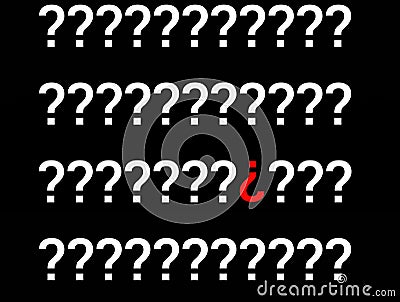 Abstraction, an example of unconventional thinking, a question mark turned upside down in a row of other questions Stock Photo