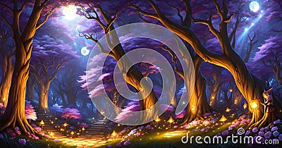 abstraction of a fantastic forest at night, trees, forest lanterns, moon, AI generate Stock Photo