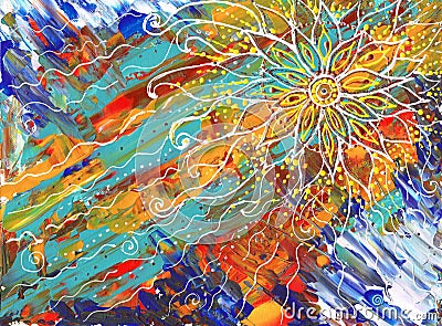 Abstraction with flower mandala, made with acrylic paints and contours. Hand drawing. Stock Photo