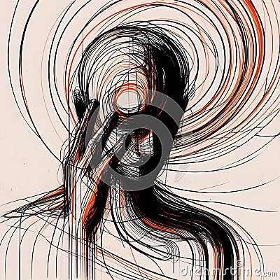 Abstraction lines drawing sketch man surrounded by negative emotions. Stock Photo