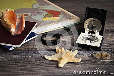 Abstraction travel old compass, magnifier and passport Stock Photo