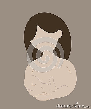 loving mother hugs her newborn baby in her arms and breastfeeds him, breast milk on a beige background. concept of motherly love Cartoon Illustration