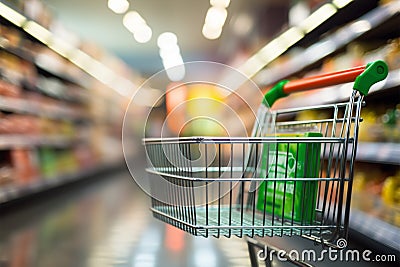 An abstractly blurred grocery store aisle with an unoccupied green cart Stock Photo